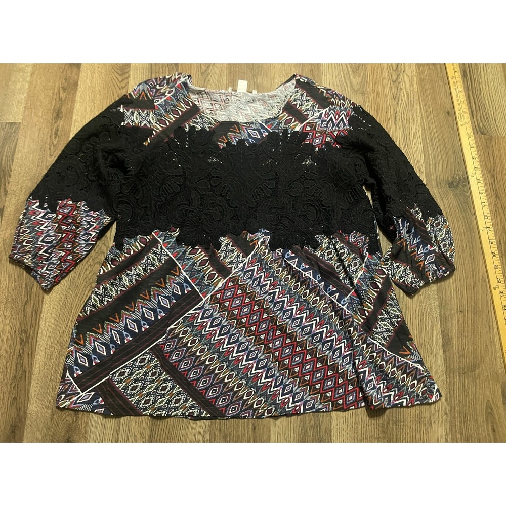 Vintage American Blue Blouse, Women's Size Medium, Black, Multi, 3/4 Sleeve